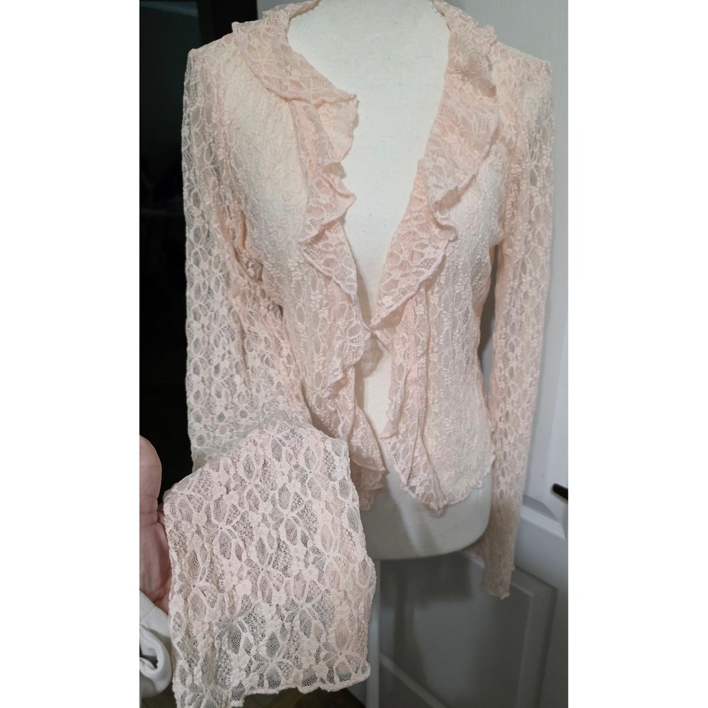 Thirty Thirty L/A Peach Floral Lace Ruffle Open Front Cardigan Women XL Romantic